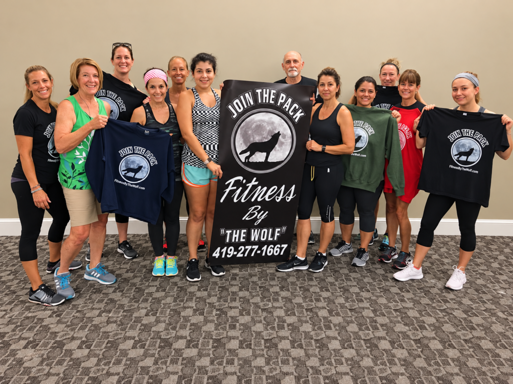 A Fitness by the Wolf group class holding Join the Pack shirts and banner